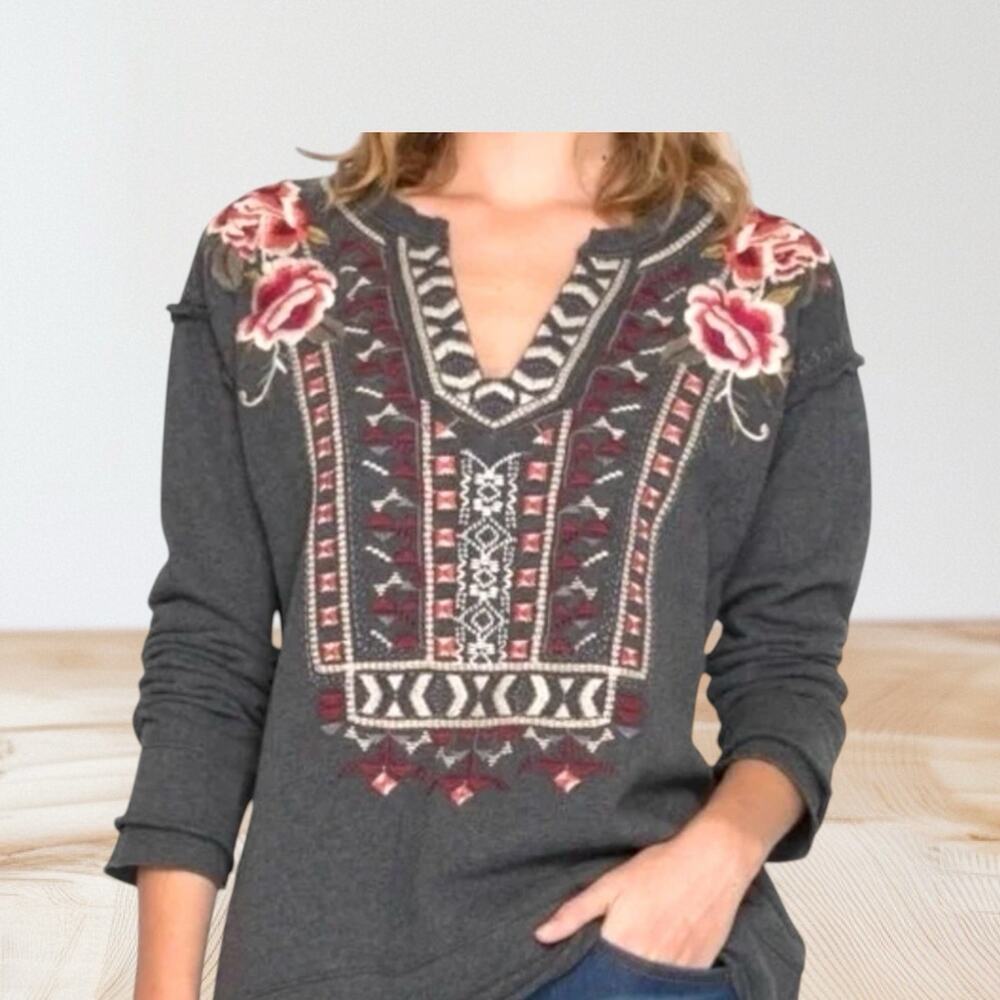 Johnny Was Issoria Sweatshirt Sz S Oversized 44" Bust w Embroidery Art to Wear